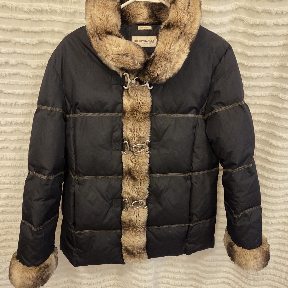 Hilary Radley New York Puffer Coat Black Down  Faux Fur‎ Women Med Flaw Y2K